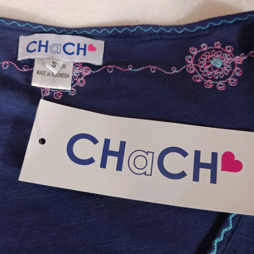 Chach, NWT,  Maxi Kimono, Boho, Navy w/ Pink & Aqua Trim, Whimsical, Small - Picture 2 of 14